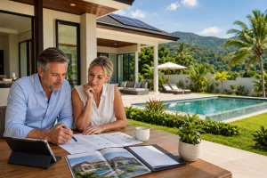 Foreign buyer reviewing documents for a luxury pool villa in Hua Hin Thailand