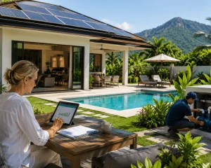 Modern eco pool villa in Hua Hin with solar panels and landscaped garden